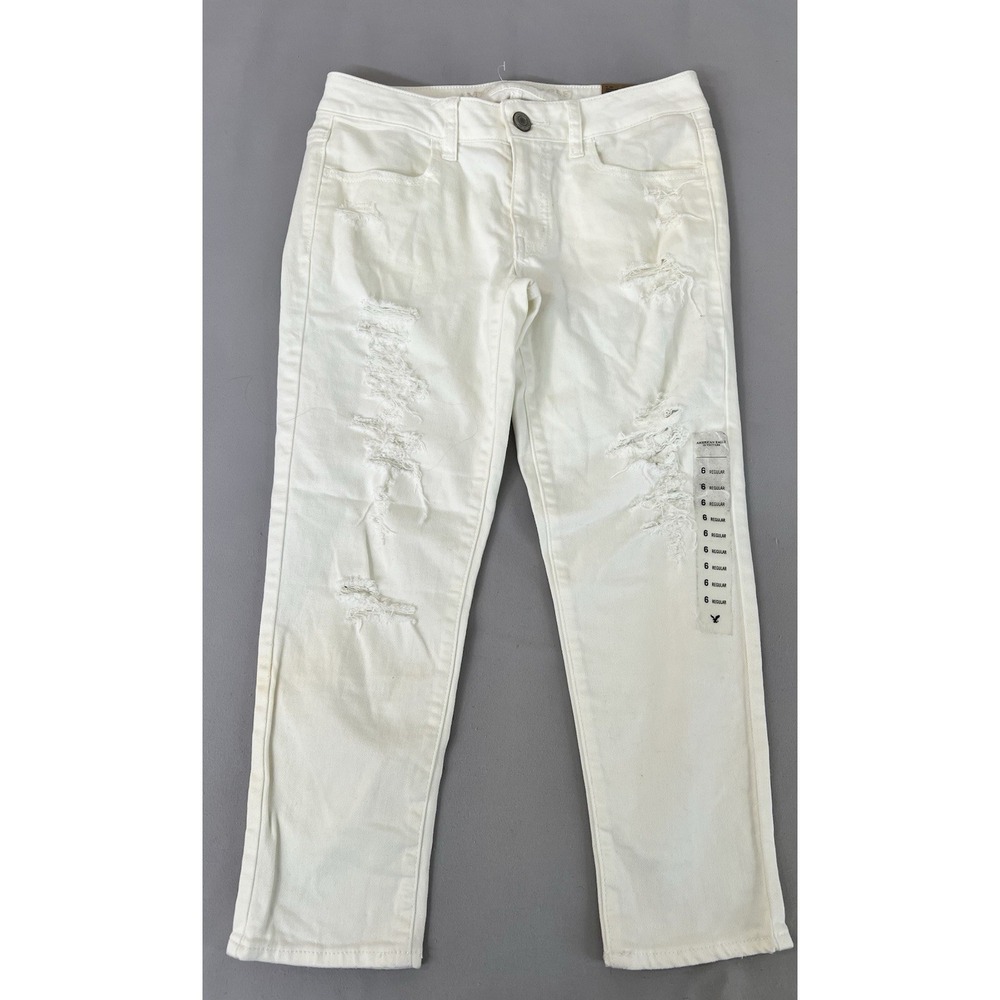 American Eagle Womens Size 6 White Mid‎ rise Jegging crop distressed NWT